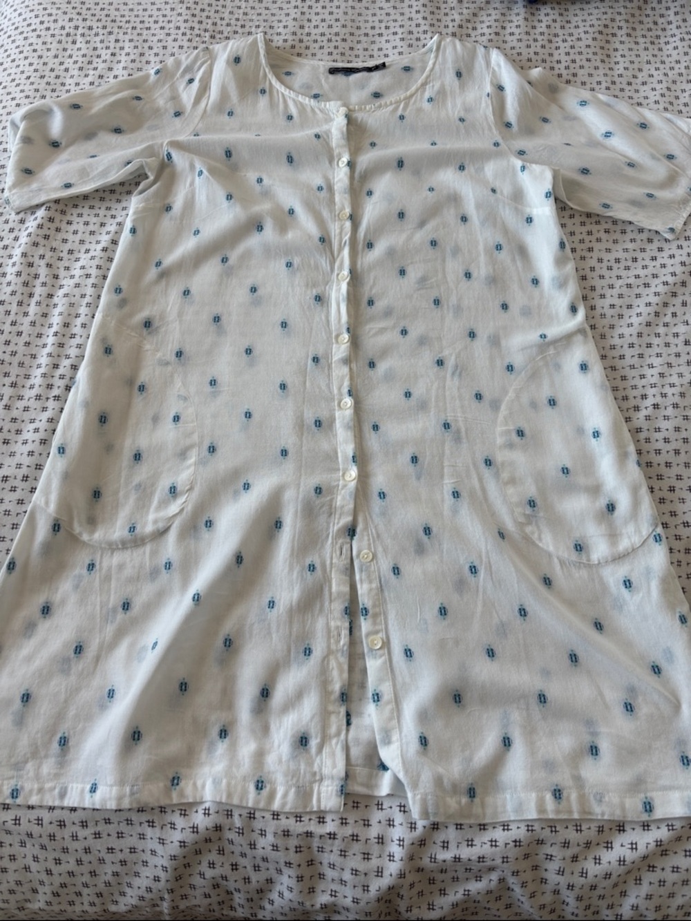 Gudrun Sjoden Button-Front Dress, white w/ blue print, pockets, cotton, size M